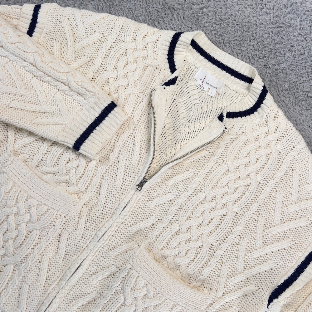 By Anthropologie Cable Knit Bomber Sweater Cardigan Cream Navy Varsity Stripe L